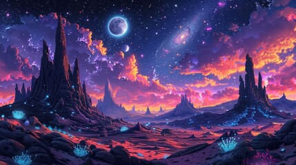 Fototapeta premium An alien desert landscape with towering crystalline formations, bioluminescent plants, and a sky filled with multiple moons and swirling nebulae, creating an otherworldly atmosphere. Clipart