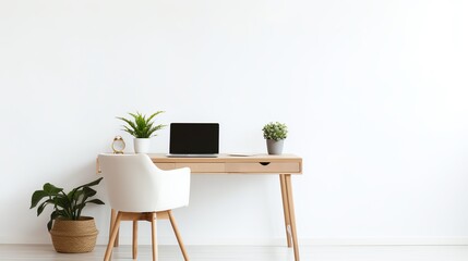 Home office with laptop and ergonomic chair, isolated on white background, comfortable and stylish, highquality visuals, copy space