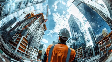 engineer architect with hard hat and safety vest working together in team on major construction site