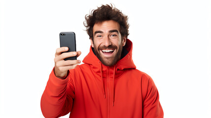 Man taking a selfie with his mobile phone, isolated on white background, cheerful and engaging, highquality graphics, copy space