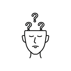 thin line sad face with question mark inside. flat linear trend modern hr planning logotype stroke design web element isolated on white. concept of recruitment