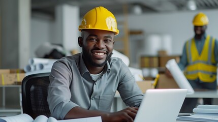 A man wearing a yellow hard hat is smiling and sitting at a desk with a laptop