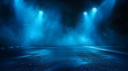 Dark empty street scene  neon lights  dark blue background