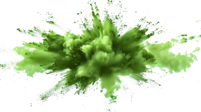 green powder explosions isolated on transparent background, powder explosion cut out 