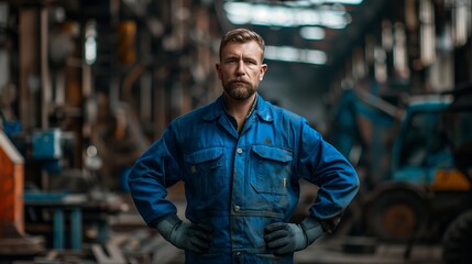 Fototapeta premium Portrait of a smiling bearded worker in overalls standing at a factory, looking at the camera