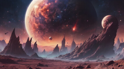 Fictional wallpaper of the space full of planets, stars and solar clouds which designed in many colors and random shapes and placements, Alien sunset view, mysterious landscape, Exploding galaxy 