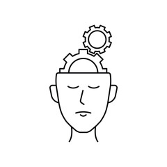 head with thin line gear like knowledge icon. flat linear trend modern reflexion or solution logotype graphic stroke design isolated on white background. concept