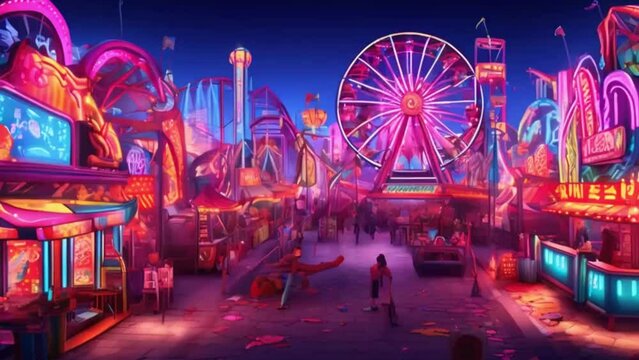  An animation depicting a high-quality neon carnival. It features brightly lit rides, glowing ferris wheels, and neon signs for games and food stalls, creating a festive and vibrant atmosphere.