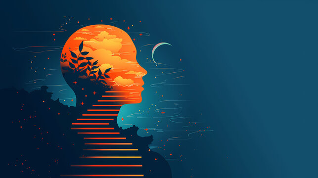 Silhouette of a human head filled with nature elements and abstract designs against a dark blue background.