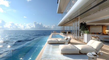 Fototapeta premium An expansive yacht deck with a large infinity pool, offering breathtaking views of the vast blue ocean on a clear, sunny day