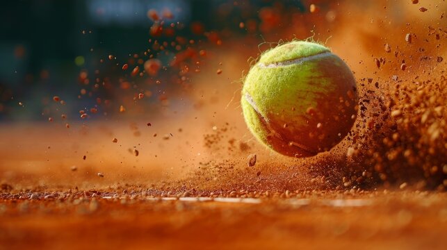 A close-up shot of a tennis ball bouncing on the red clay court, sending up a cloud of dust.