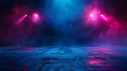 Fototapeta premium Dark empty street scene neon lights dark blue background