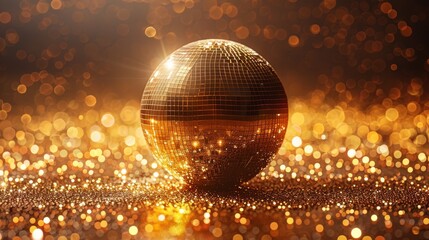 The disco ball sits amidst a sea of golden sparkles, creating a radiant and opulent atmosphere for celebrations