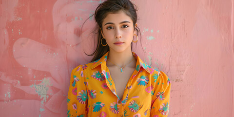 A beautiful woman wearing a yellow floral shirt, gold earrings and a turquoise necklace. Generated by AI.