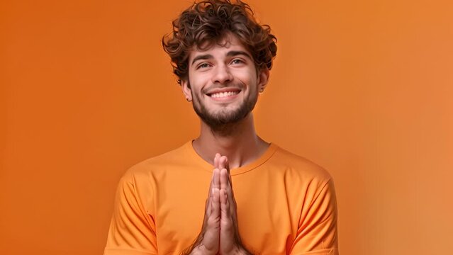 a smiling young man placing his palms together on his chest in a prayer pose and looking at you with pleading eyes. Portrait isolated on orange background