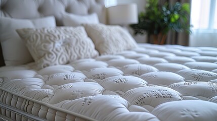 Close-up of a mattress top with intricate design patterns, coupled with pillows and sheets in a bedroom setting
