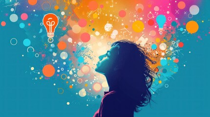 Pop art style visual of a person deep in thought with colorful idea icons surrounding them The bright and bold colors enhance the creative and intellectual vibe Ideal for showcasing moments of