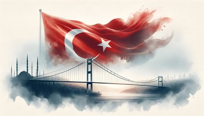 Watercolor illustration for Democracy and National Unity Day in Turkey with large flag over bridge.