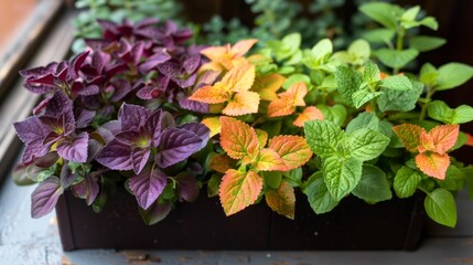 A colorful display of organic herbs growing in a sunny window box