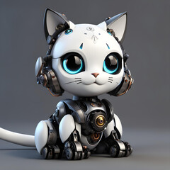 3D animated cartoon render of a smiling cartoon Cute Robo white toy cat sitting on the floor cartoon character 3D Rendered on Gray background.