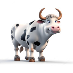 A 3D animated cartoon render of a smiling cartoon Cute Cow cartoon character 3D Rendered on White background.