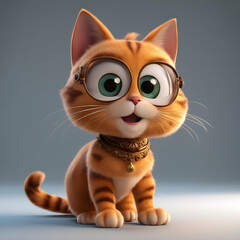 3D animated cartoon render of a smiling cartoon Cute Cat cartoon character 3D Rendered on White Gray background.