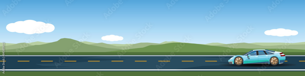 Wall mural travels of sedan of sport car with driving for banner. asphalt road near the meadow with green mount