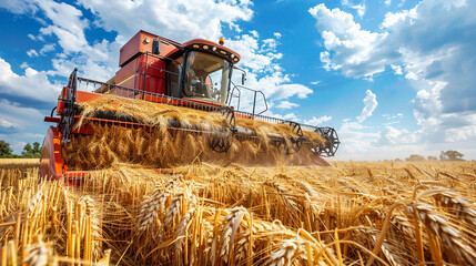 Fototapeta premium Red combine harvester is harvesting wheat in field under blue sky with white clouds