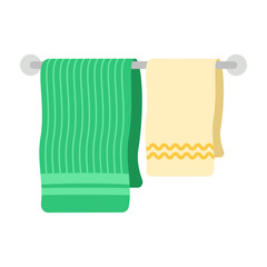 Towels. Cartoon terry cloth hanging on holder, rolled napkin and handkerchief in stack. Kitchen or bathroom hygienic fluffy fabric for wiping. Colorful domestic dishtowel. Vector textile toiletry
