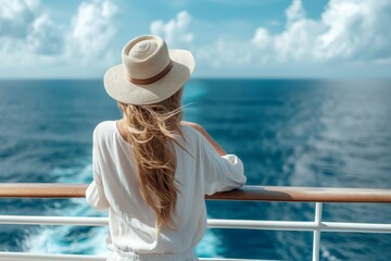 A woman in a straw hat gazes at the sea, feeling happy and peaceful