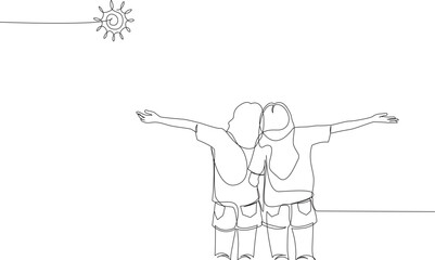 Continuous line drawing of two young women holding hands having fun. Simple line art style vector illustration. Two young women looking at the beauty of nature