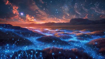 A fantastical landscape featuring a vast, starry sky with shifting constellations and celestial bodies, over a surreal, undulating terrain of glowing, bioluminescent plants. Dramatic Photo Style,