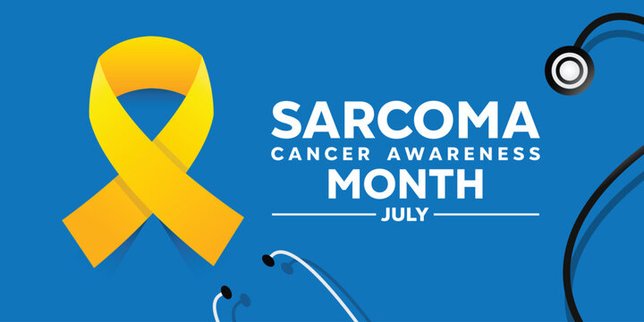 Sarcoma Cancer Awareness Month. Gold ribbon and stethoscope. Great for cards, banners, posters, social media and more. Blue background.