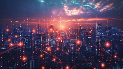 Obraz premium A futuristic cityscape with buildings connected by a network of glowing lines, signifying a technologically advanced society.