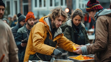 Obraz premium A group of volunteers distributing food and clothing to homeless people in a soup kitchen.