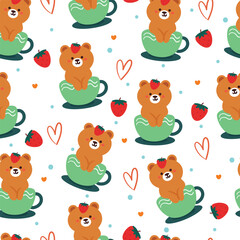 seamless pattern cartoon bear inside a cup. cute animal wallpaper illustration for gift wrap paper