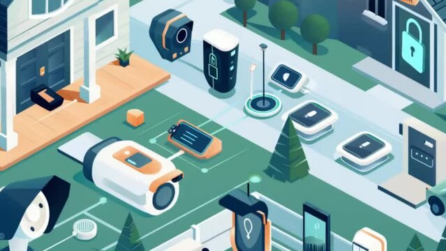 An animation depicting high-quality smart home security systems. It shows AI-powered cameras, motion sensors, and smart locks working together to monitor and protect homes, providing real-time alerts 