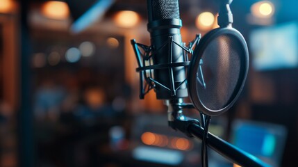 Obraz premium A podcaster recording fervently while talking about a subject; blurry background