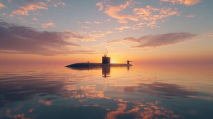 Naval submarine floating at dusk