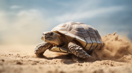 Fototapeta premium A mesmerizing tortoise slowly making its way across a sandy beach, its shell etched with the passage of time.