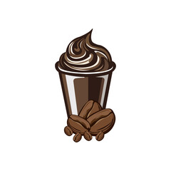 Coffee cup icon with coffee beans, cafe logo, white background.