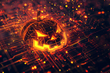 scary halloween face coming up on abstract cyber space glowing background with orange  lights