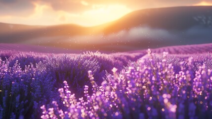 Fototapeta premium A vibrant lavender field bathed in the golden glow of sunrise, with mist rolling through the hills.