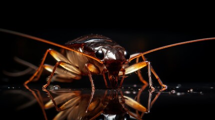 A photo of a cockroach emerging from a dark drain, its eyes glowing in the dim light.
