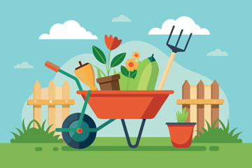 A brightly colored garden with various tools and elements. In the center is a red wheelbarrow filled with a watering jug, a flower pot and leaves or plants. theme of spring or summer outdoor work.