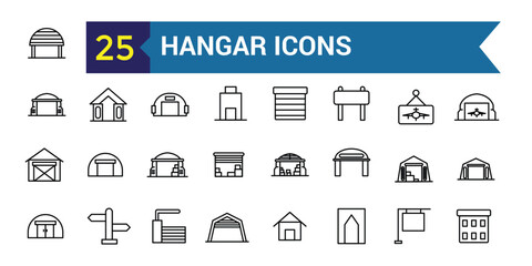 Hangar icons set. Outline set of hangar vector icons for ui design. Outline icon collection. Editable stroke.