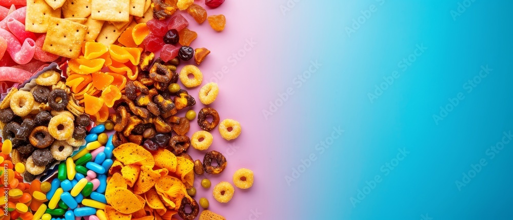 Wall mural colorful assortment of various snacks and cereals against a gradient background. ideal for food them - Wall murals