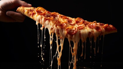 A photo of a pizza slice being held up, with the cheese dripping and forming long, connected strands.