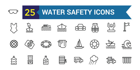 Water safety training icons set outline vector. Beach assistance. Outline icon collection. Editable stroke.