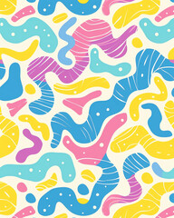 Obraz premium Colorful abstract fluid shapes pattern with vibrant curved elements in pastel colors. Modern background design.